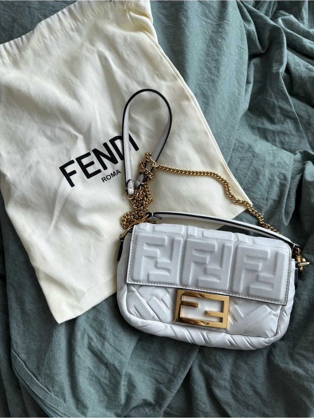 Fendi White Embossed Leather Baguette Mini